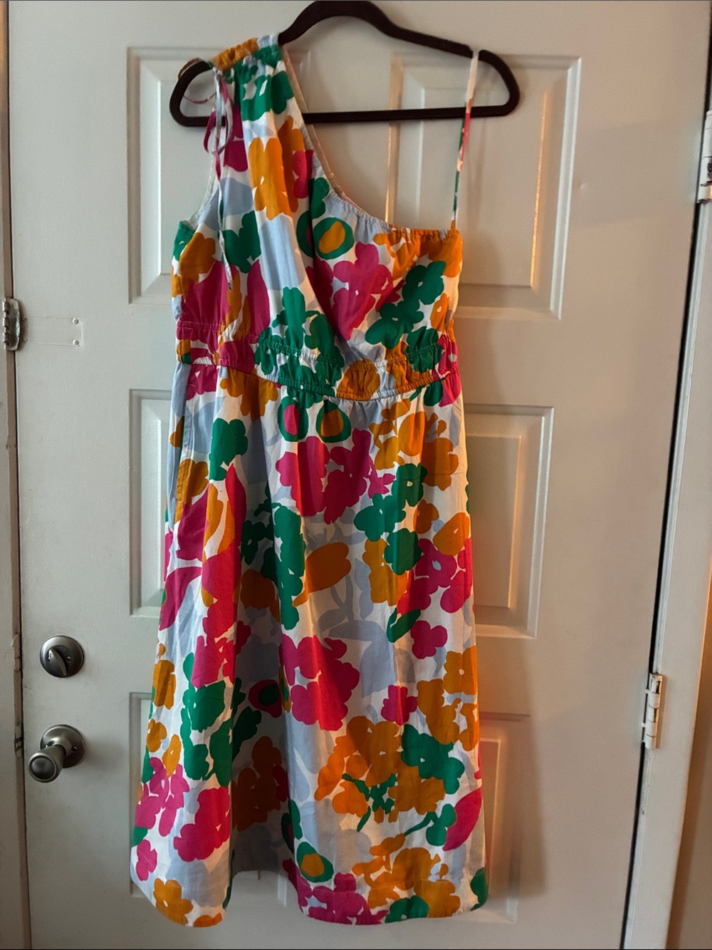 Asymmetrical One-Shoulder Floral Sundress in White with Pink, Green & Orange